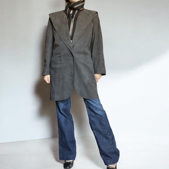 80s 𝅺Vintage Faux Suede Cocoon Coat 1 Button Oversized Shawl Collar Slate Gray - Picture 1 of 12